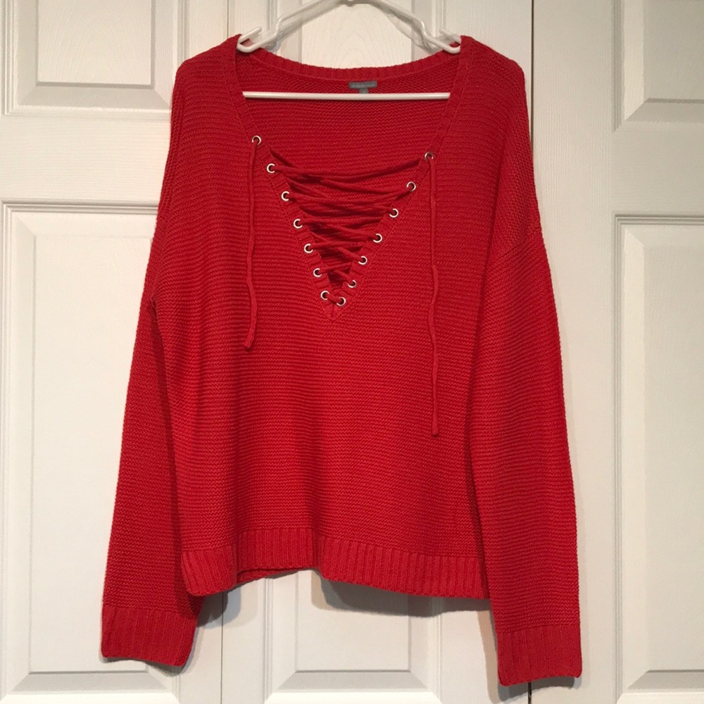 Charlotte Russe front lace up, red orange over size sweater